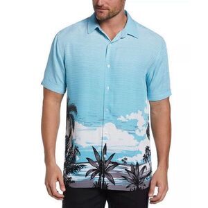 Cubavera Men's XL Palm Tress Sky Print Short-Sleeve Button-Front Camp Shirt Blue